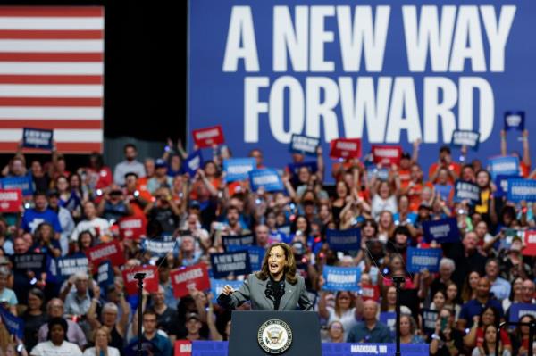 Kamala Harris speaks during a campaign event at Veterans Memorial Coliseum at Alliant Energy Center in Madison, Wisconsin on Sept. 20, 2024. 